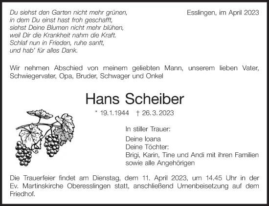 Traueranzeige von Hans Scheiber von Eßlinger Zeitung/Cannstatter Zeitung