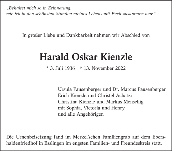 Traueranzeige von Harald Oskar Kienzle von Eßlinger Zeitung/Cannstatter Zeitung