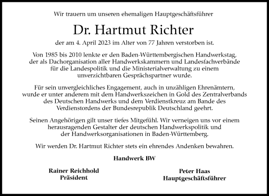 Traueranzeige von Hartmut Richter von Eßlinger Zeitung/Cannstatter Zeitung