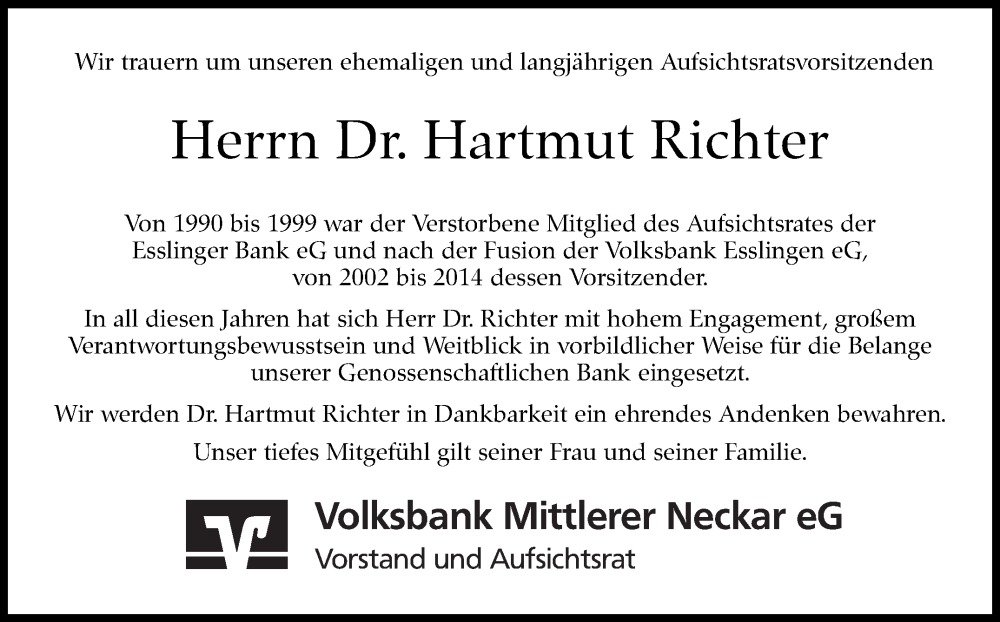  Traueranzeige für Hartmut Richter vom 15.04.2023 aus Eßlinger Zeitung/Cannstatter Zeitung