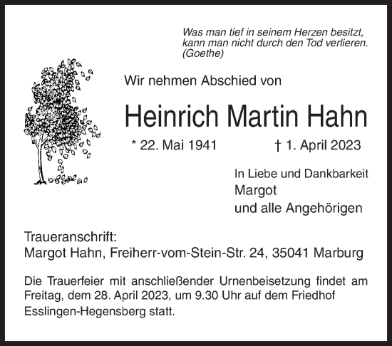 Traueranzeige von Heinrich Martin Hahn von Eßlinger Zeitung/Cannstatter Zeitung