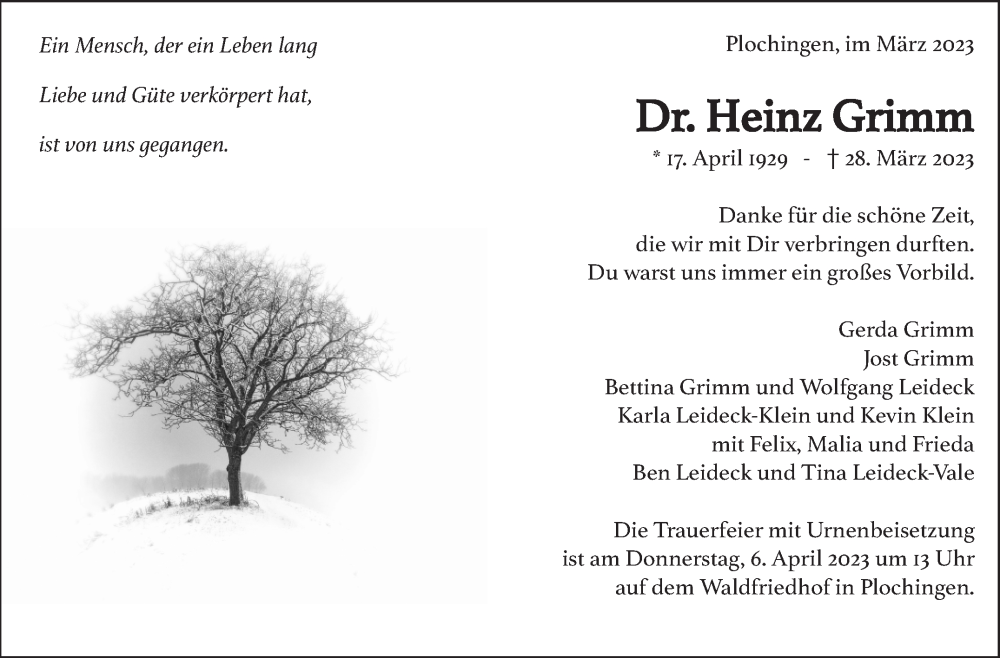  Traueranzeige für Heinz Grimm vom 01.04.2023 aus Eßlinger Zeitung/Cannstatter Zeitung