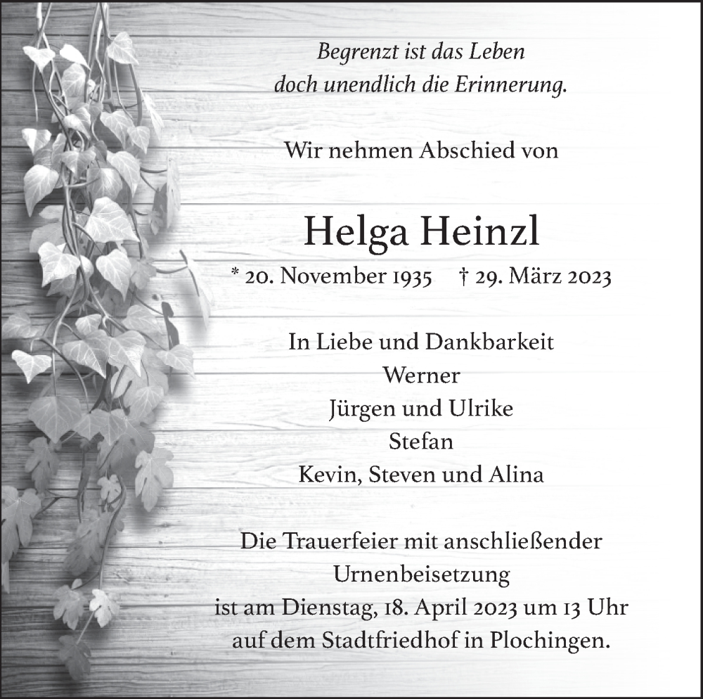  Traueranzeige für Helga Heinzl vom 11.04.2023 aus Eßlinger Zeitung/Cannstatter Zeitung