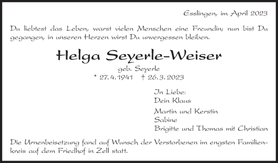 Traueranzeige von Helga Seyerle-Weiser von Eßlinger Zeitung/Cannstatter Zeitung