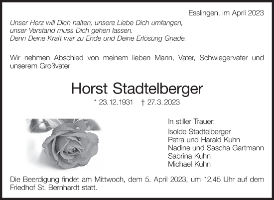 Traueranzeige von Horst Stadtelberger von Eßlinger Zeitung/Cannstatter Zeitung
