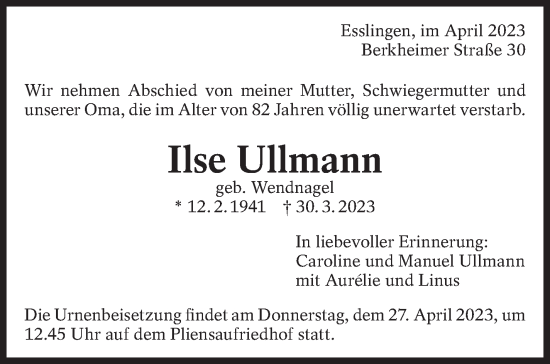 Traueranzeige von Ilse Ullmann von Eßlinger Zeitung/Cannstatter Zeitung