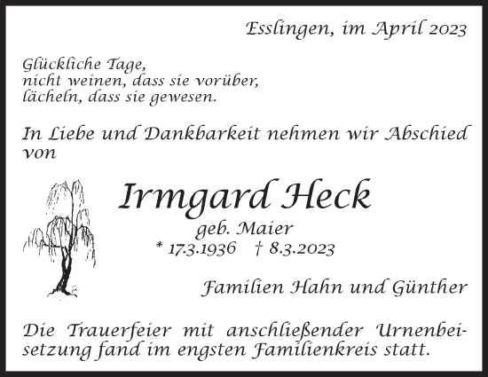 Traueranzeige von Irmgard Heck von Eßlinger Zeitung/Cannstatter Zeitung