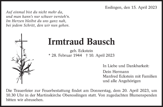 Traueranzeige von Irmtraud Bausch von Eßlinger Zeitung/Cannstatter Zeitung