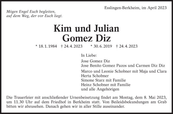 Traueranzeige von Julian Gomez Diz von Eßlinger Zeitung/Cannstatter Zeitung