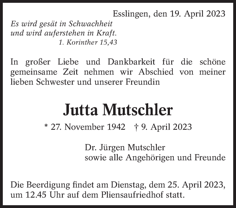  Traueranzeige für Jutta Mutschler vom 19.04.2023 aus Eßlinger Zeitung/Cannstatter Zeitung