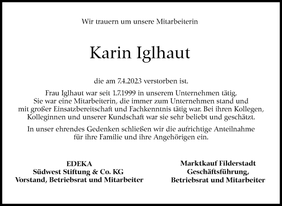 Traueranzeige von Karin Iglhaut von Eßlinger Zeitung/Cannstatter Zeitung