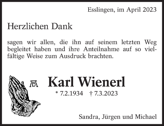 Traueranzeige von Karl Wienerl von Eßlinger Zeitung/Cannstatter Zeitung