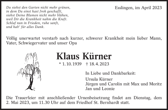 Traueranzeige von Klaus Kürner von Eßlinger Zeitung/Cannstatter Zeitung