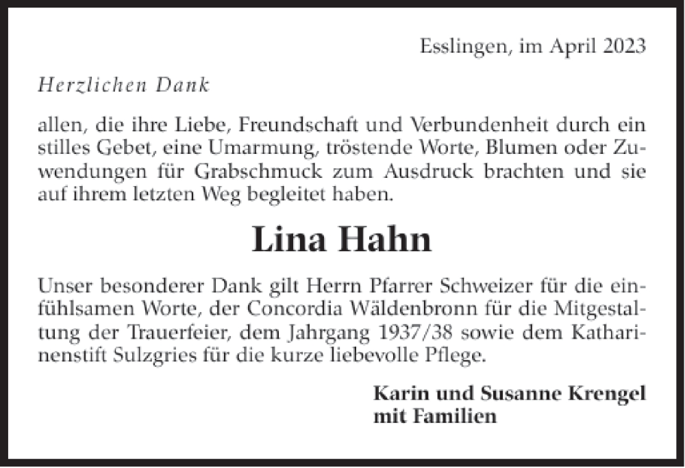  Traueranzeige für Lina Hahn vom 22.04.2023 aus Eßlinger Zeitung/Cannstatter Zeitung