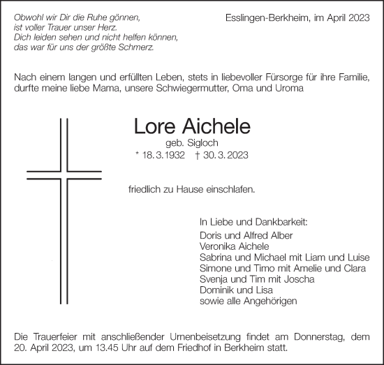 Traueranzeige von Lore Aichele von Eßlinger Zeitung/Cannstatter Zeitung