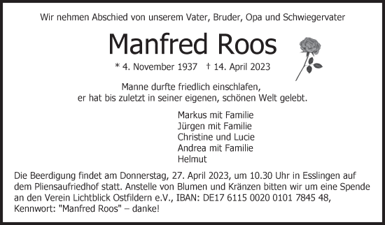 Traueranzeige von Manfred Roos von Eßlinger Zeitung/Cannstatter Zeitung