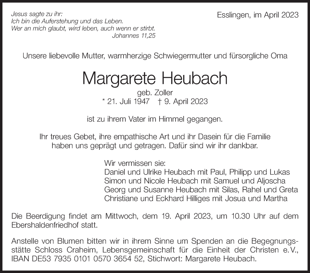  Traueranzeige für Margarete Heubach vom 15.04.2023 aus Eßlinger Zeitung/Cannstatter Zeitung