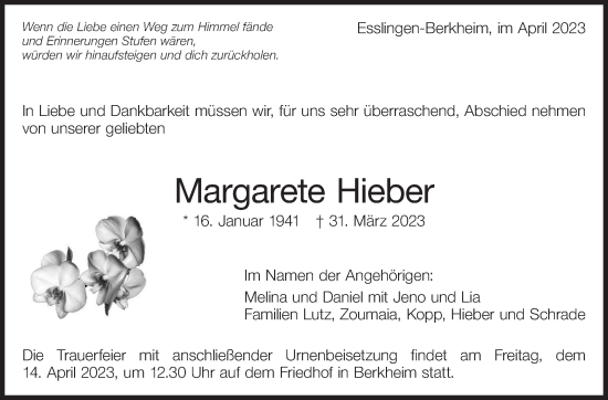 Traueranzeige von Margarete Hieber von Eßlinger Zeitung/Cannstatter Zeitung