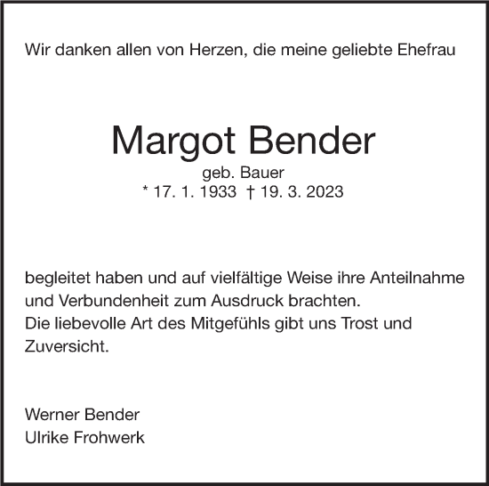 Traueranzeige von Margot Bender von Eßlinger Zeitung/Cannstatter Zeitung