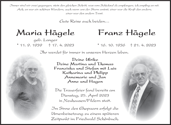 Traueranzeige von Maria Hägele von Eßlinger Zeitung/Cannstatter Zeitung