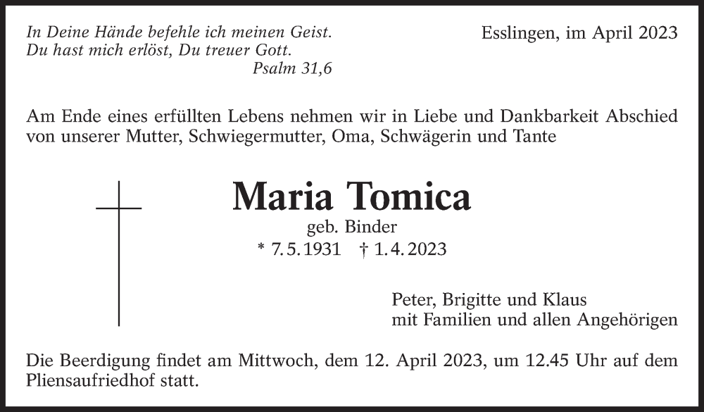  Traueranzeige für Maria Tomica vom 08.04.2023 aus Eßlinger Zeitung/Cannstatter Zeitung