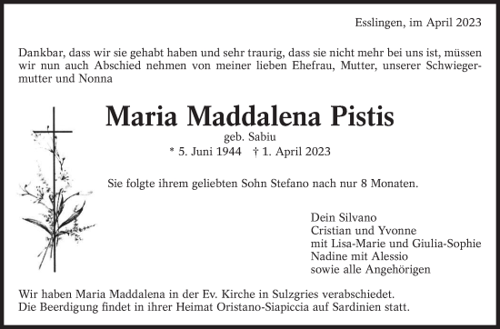 Traueranzeige von Maria Maddalena Pistis von Eßlinger Zeitung/Cannstatter Zeitung