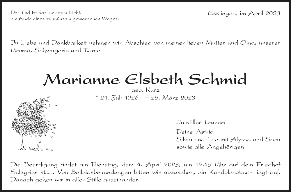  Traueranzeige für Marianne Elsbeth Schmid vom 01.04.2023 aus Eßlinger Zeitung/Cannstatter Zeitung