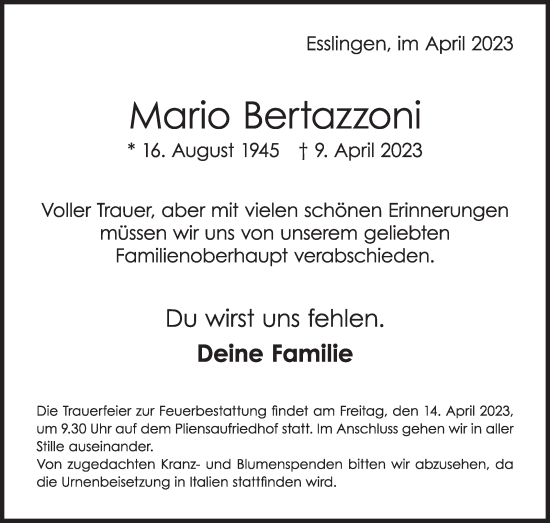 Traueranzeige von Mario Bertazzoni von Eßlinger Zeitung/Cannstatter Zeitung