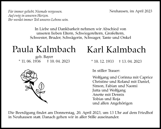 Traueranzeige von Paula Kalmbach von Eßlinger Zeitung/Cannstatter Zeitung