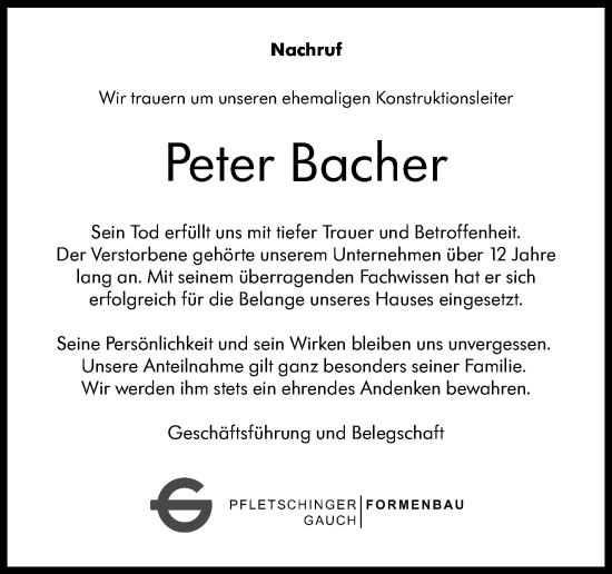 Traueranzeige von Peter Bacher von Eßlinger Zeitung/Cannstatter Zeitung