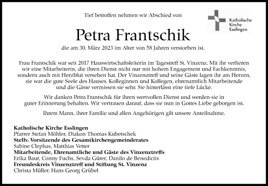 Traueranzeige von Petra Frantschik von Eßlinger Zeitung/Cannstatter Zeitung