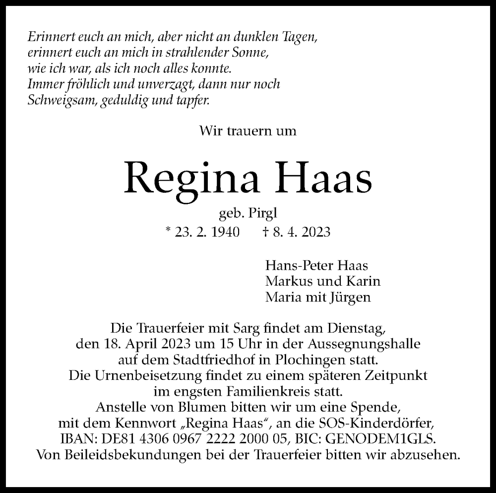  Traueranzeige für Regina Haas vom 15.04.2023 aus Eßlinger Zeitung/Cannstatter Zeitung
