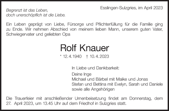 Traueranzeige von Rolf Knauer von Eßlinger Zeitung/Cannstatter Zeitung