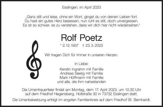 Traueranzeige von Rolf Poetz von Eßlinger Zeitung/Cannstatter Zeitung