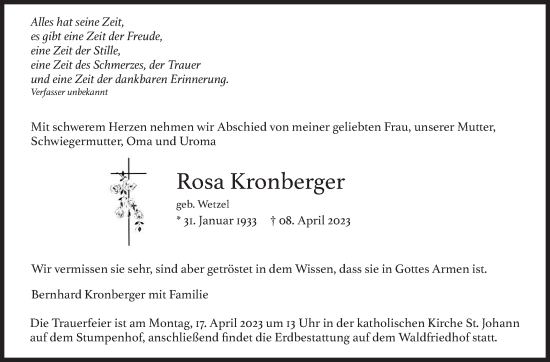Traueranzeige von Rosa Kronberger von Eßlinger Zeitung/Cannstatter Zeitung
