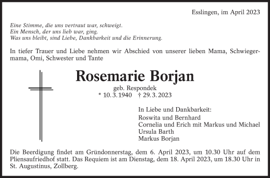Traueranzeige von Rosemarie Borjan von Eßlinger Zeitung/Cannstatter Zeitung