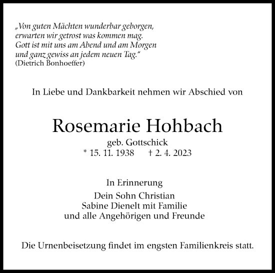 Traueranzeige von Rosemarie Hohbach von Eßlinger Zeitung/Cannstatter Zeitung