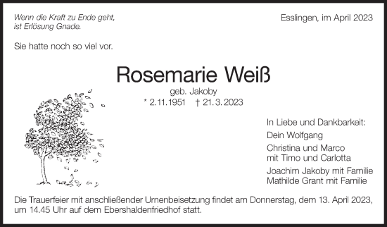 Traueranzeige von Rosemarie Weiß von Eßlinger Zeitung/Cannstatter Zeitung