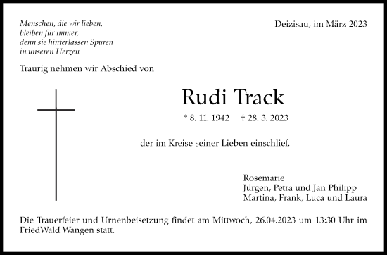 Traueranzeige von Rudi Track von Eßlinger Zeitung/Cannstatter Zeitung