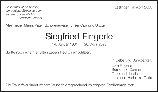 Traueranzeige von Siegfried Fingerle von Eßlinger Zeitung/Cannstatter Zeitung