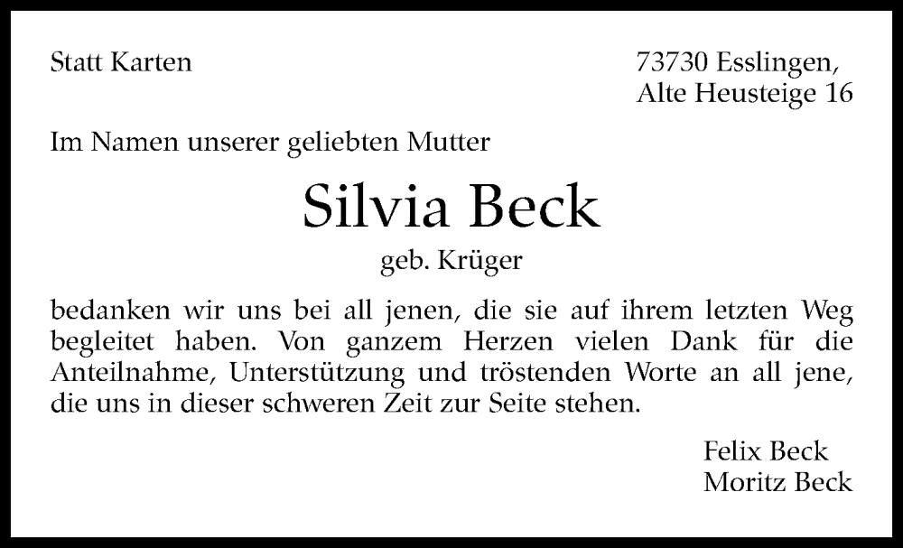  Traueranzeige für Silvia Beck vom 25.04.2023 aus Eßlinger Zeitung/Cannstatter Zeitung