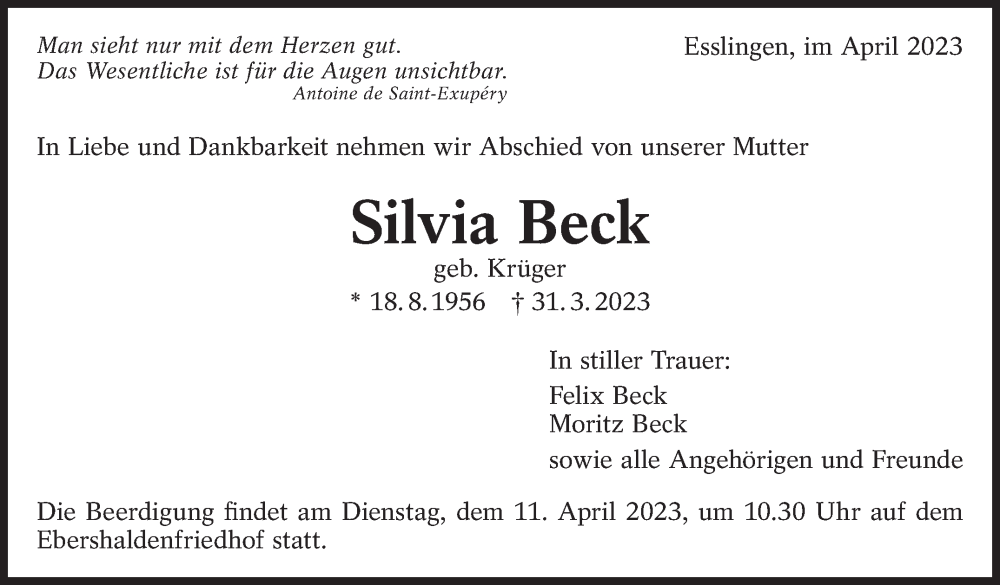  Traueranzeige für Silvia Beck vom 05.04.2023 aus Eßlinger Zeitung/Cannstatter Zeitung