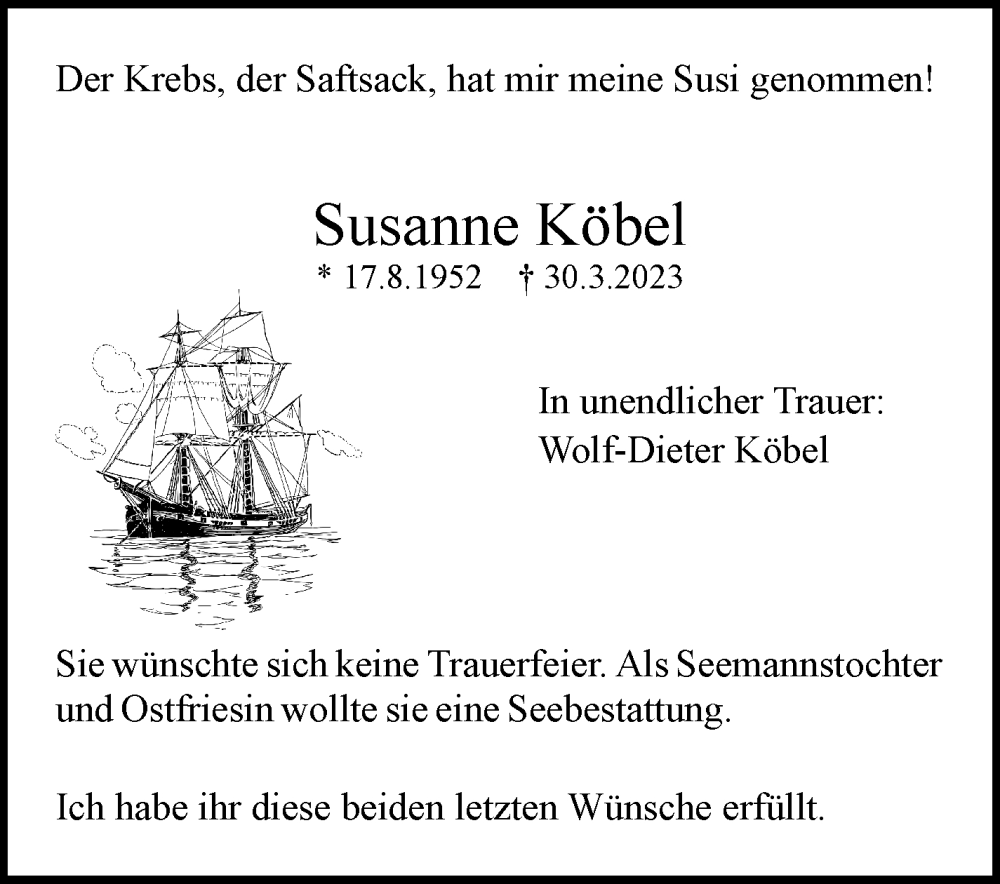  Traueranzeige für Susanne Köbel vom 06.04.2023 aus Eßlinger Zeitung/Cannstatter Zeitung