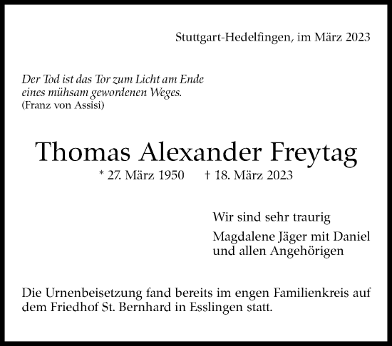 Traueranzeige von Thomas Alexander Freytag von Eßlinger Zeitung/Cannstatter Zeitung