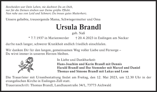 Traueranzeige von Ursula Brandl von Eßlinger Zeitung/Cannstatter Zeitung