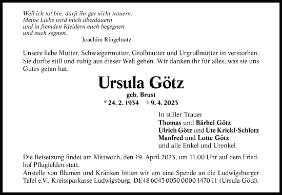 Traueranzeige von Ursula Götz von Eßlinger Zeitung/Cannstatter Zeitung