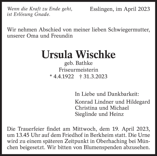 Traueranzeige von Ursula Wischke von Eßlinger Zeitung/Cannstatter Zeitung