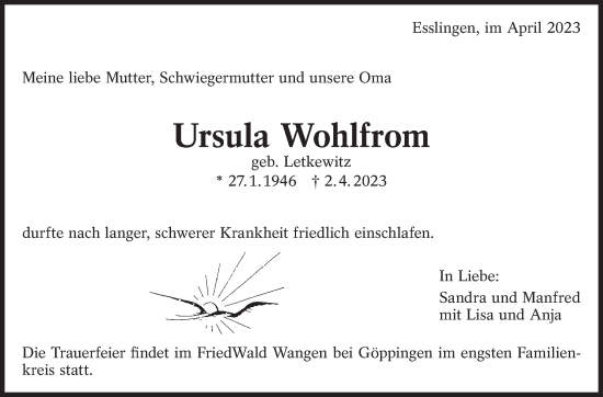 Traueranzeige von Ursula Wohlfrom von Eßlinger Zeitung/Cannstatter Zeitung