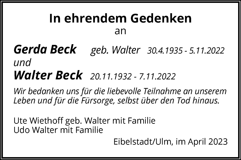  Traueranzeige für Walter Beck vom 28.04.2023 aus Eßlinger Zeitung/Cannstatter Zeitung