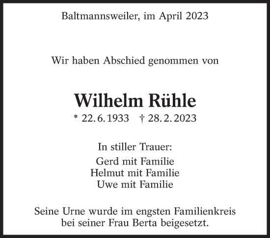 Traueranzeige von Wilhelm Rühle von Eßlinger Zeitung/Cannstatter Zeitung